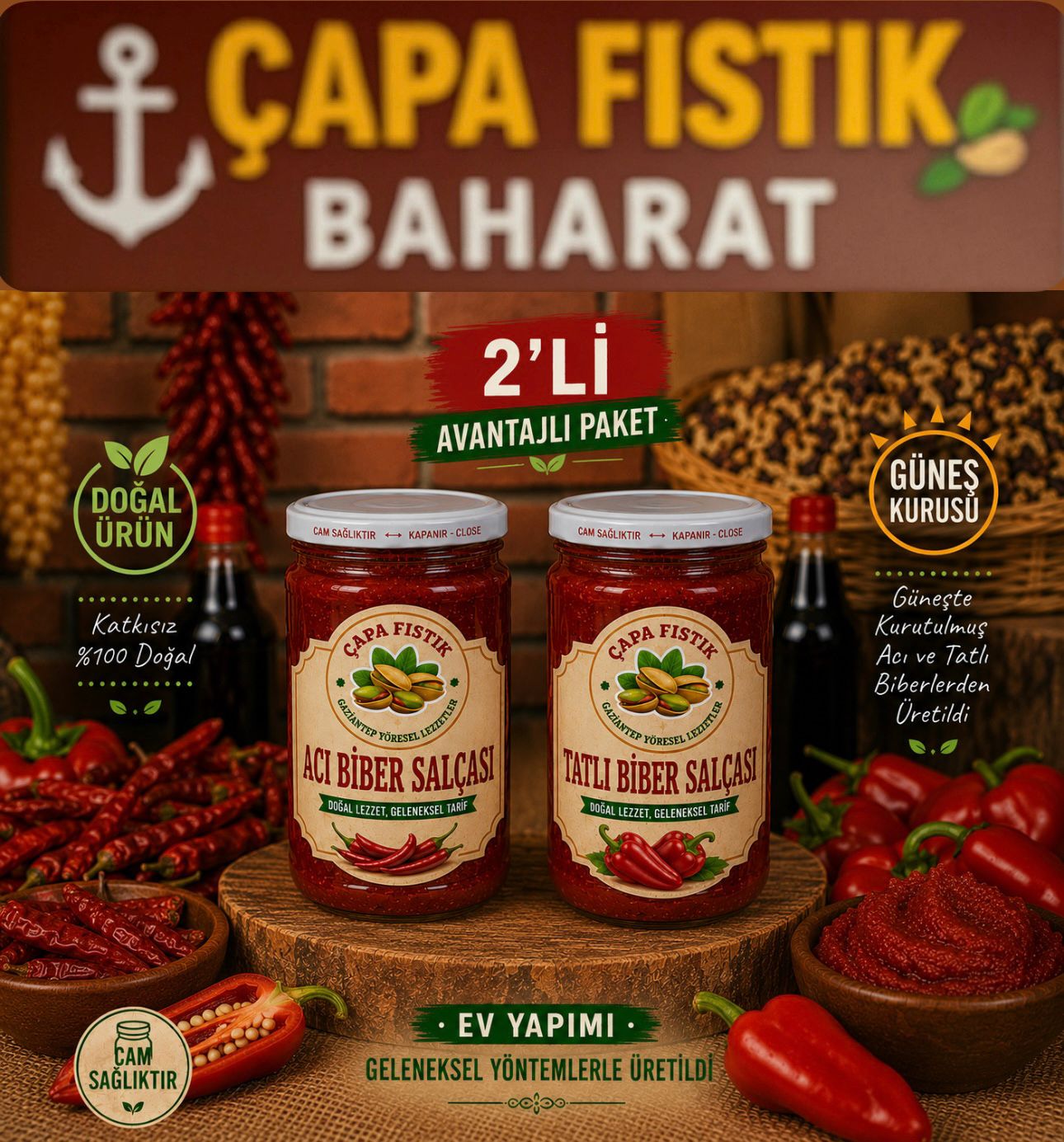 2 li Salça Seti (700 gr Tatlı Biber Salçası +700 gr Acı Biber Salçası)